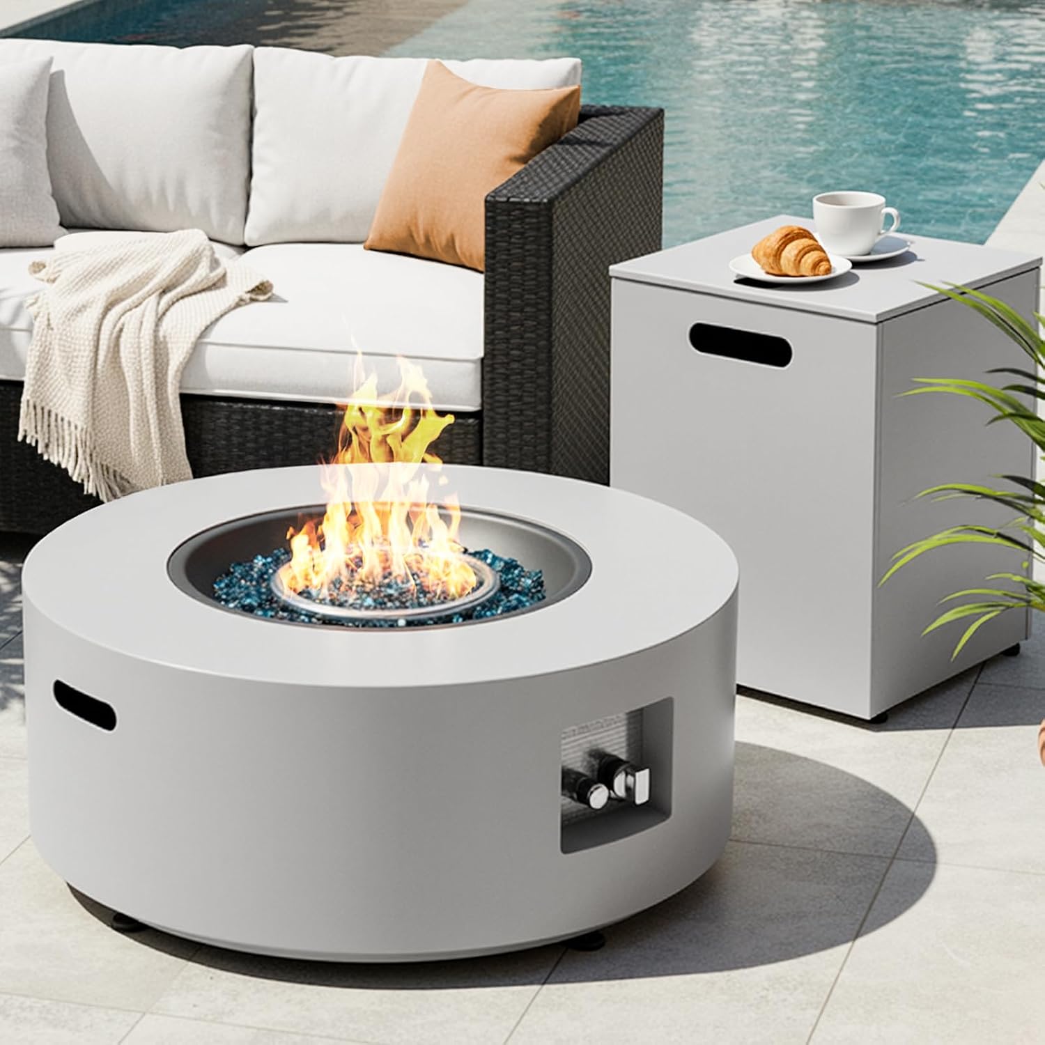 Round Propane Fire Pit Table Light Gray