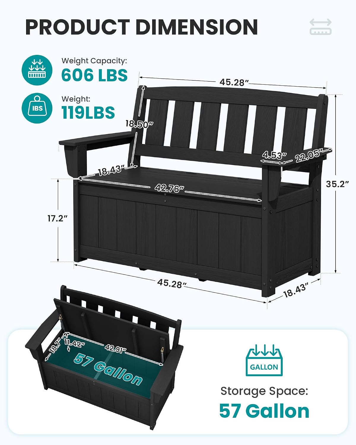 HDPE Outdoor Storage Bench Dark Black